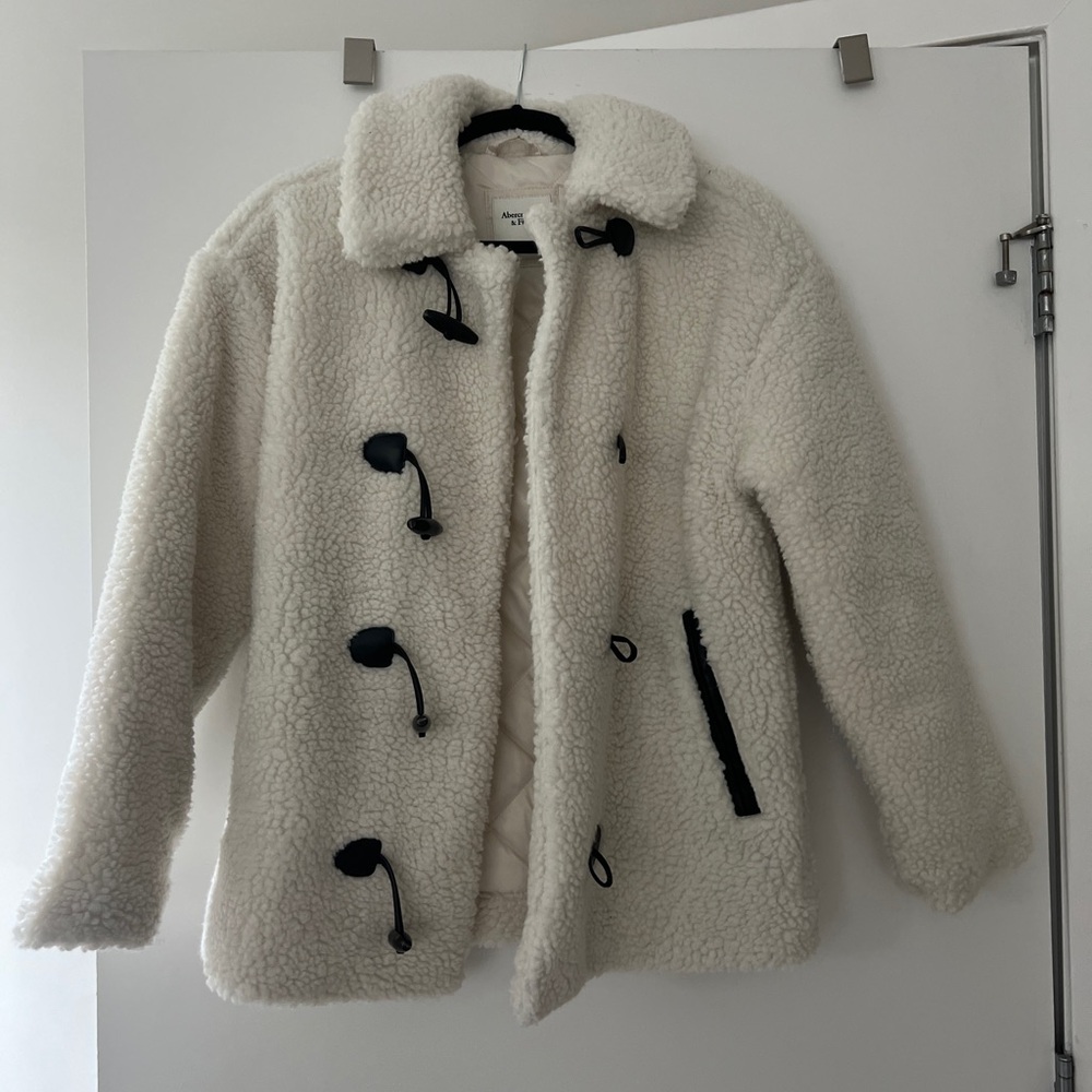 White Abercrombie Toggle Sherpa Coat
